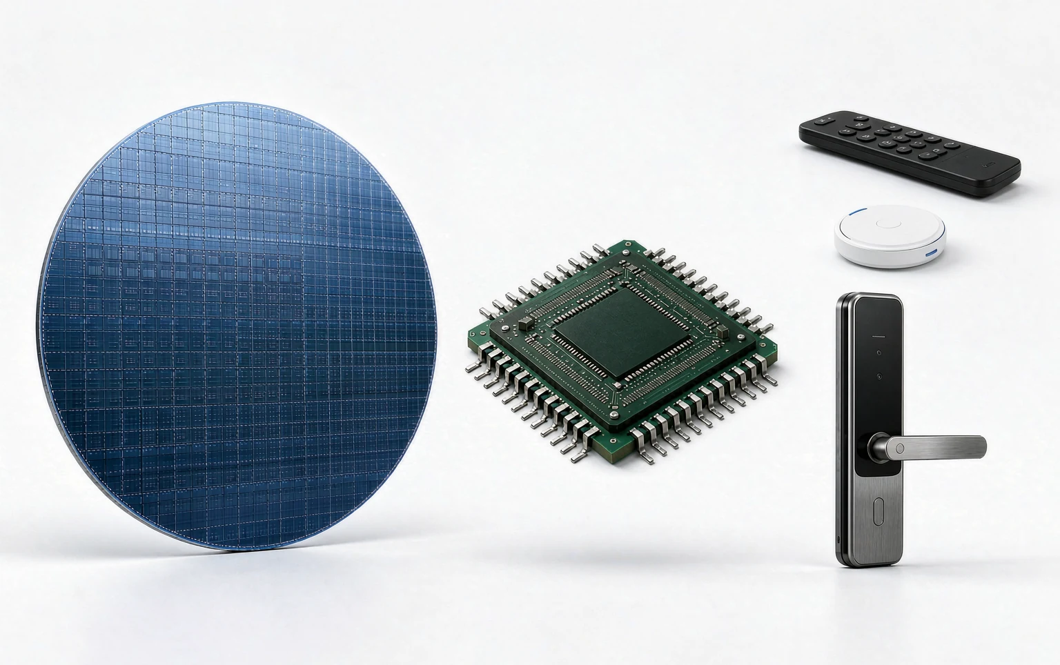 From wafer to mass-produced UWB devices — silicon wafer, UWB chip module, and consumer products (remote control, UWB tag, smart lock)