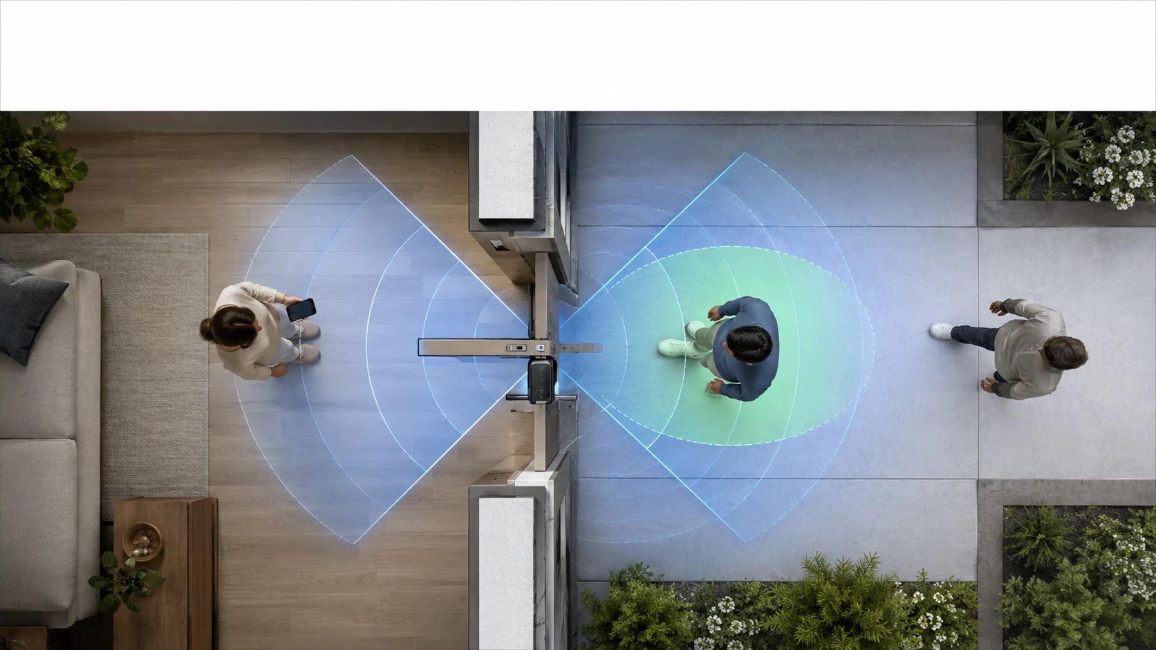 Overhead view of door lock inside outside detection zones
